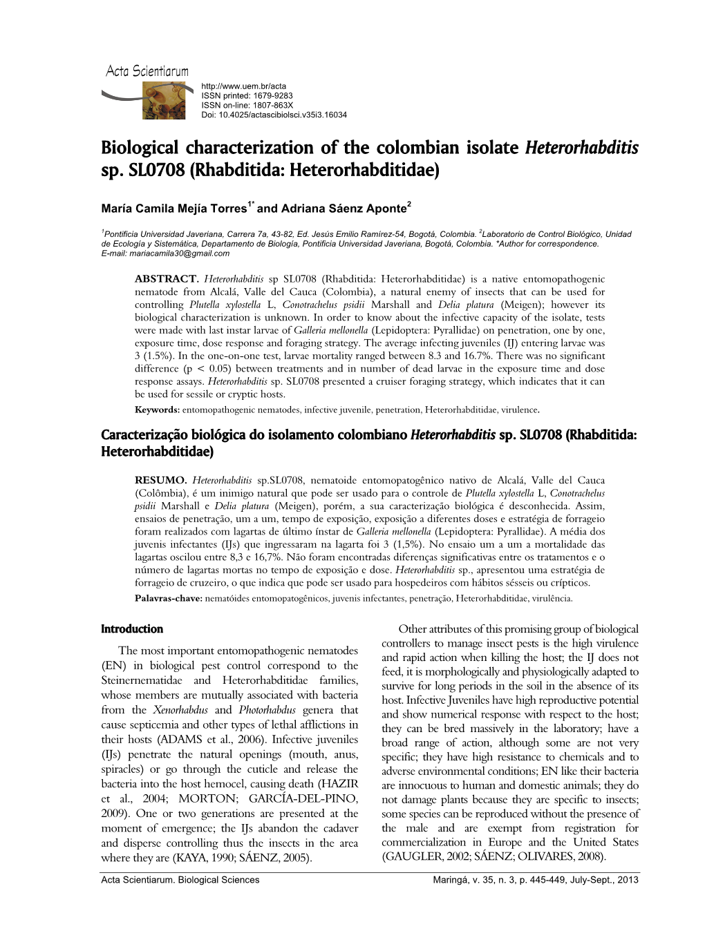 Biological Characterization of the Colombian Isolate Heterorhabditis Sp