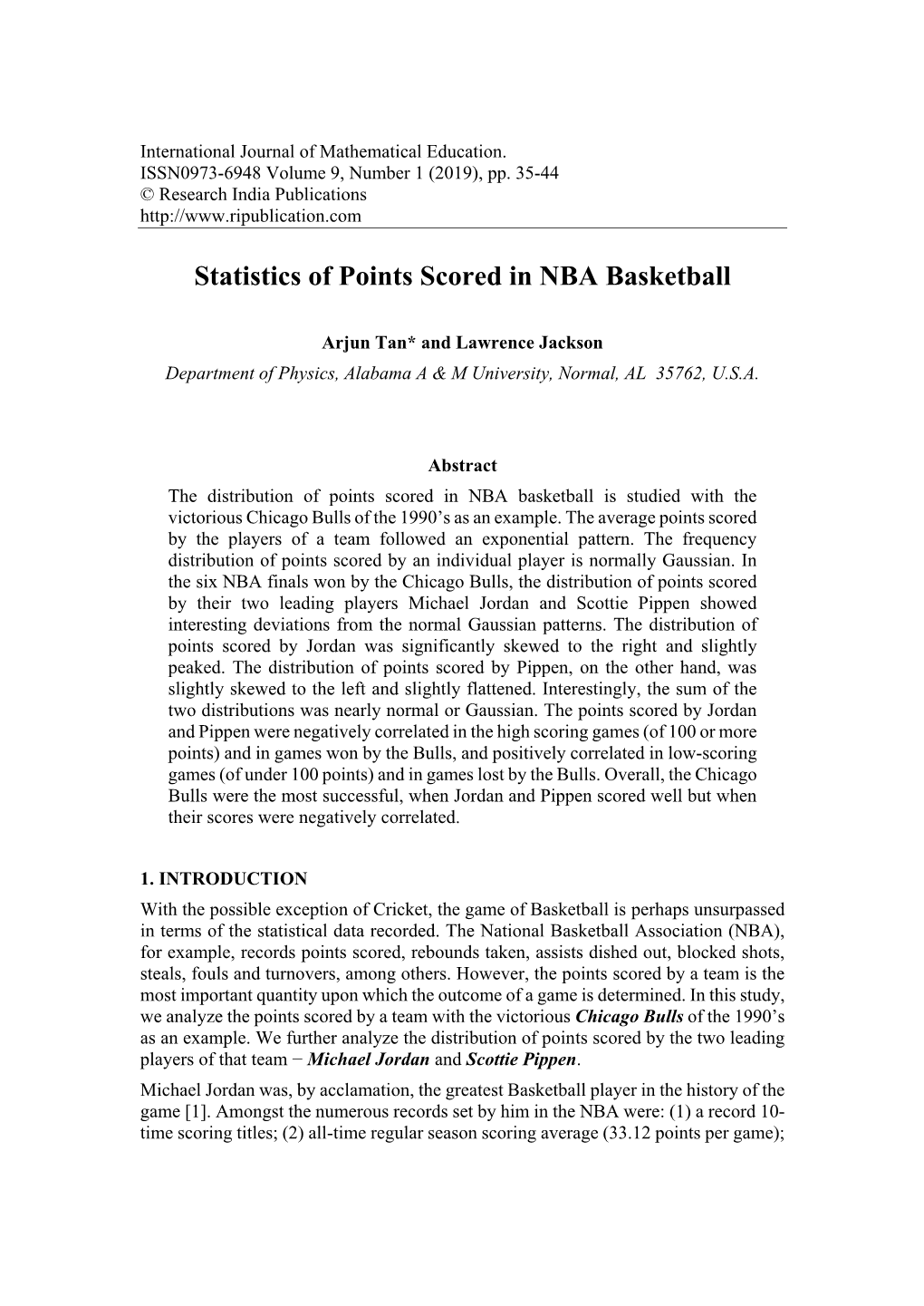 Statistics of Points Scored in NBA Basketball