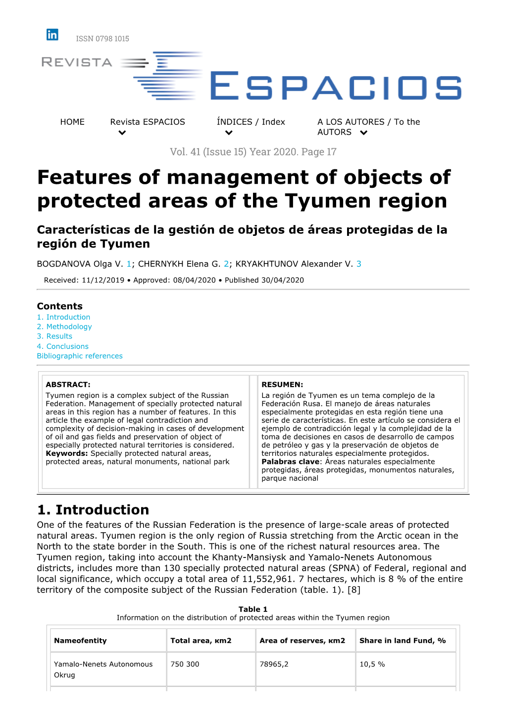 Features of Management of Objects of Protected Areas of the Tyumen Region