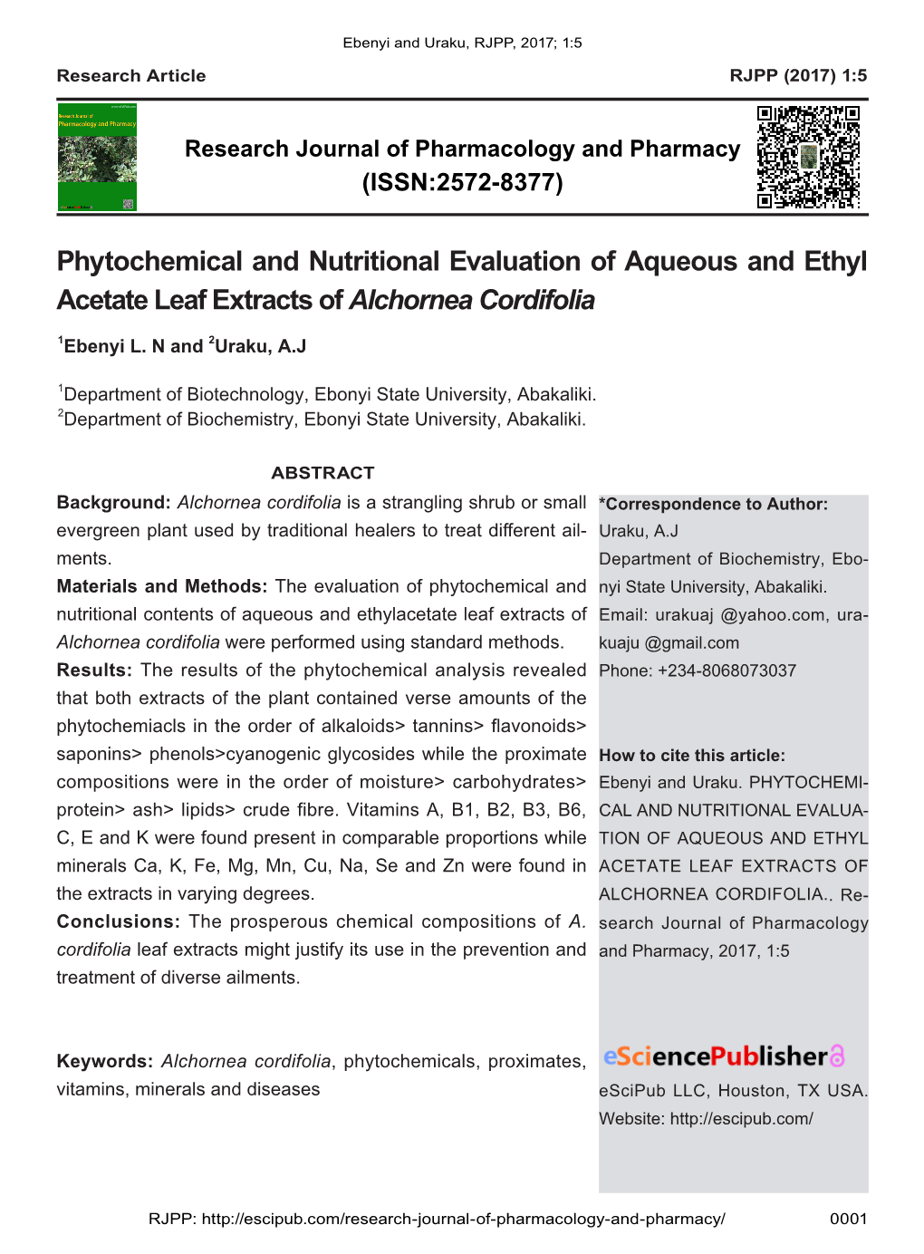 Phytochemical and Nutritional Evaluation of Aqueous and Ethyl Acetate Leaf Extracts of Alchornea Cordifolia