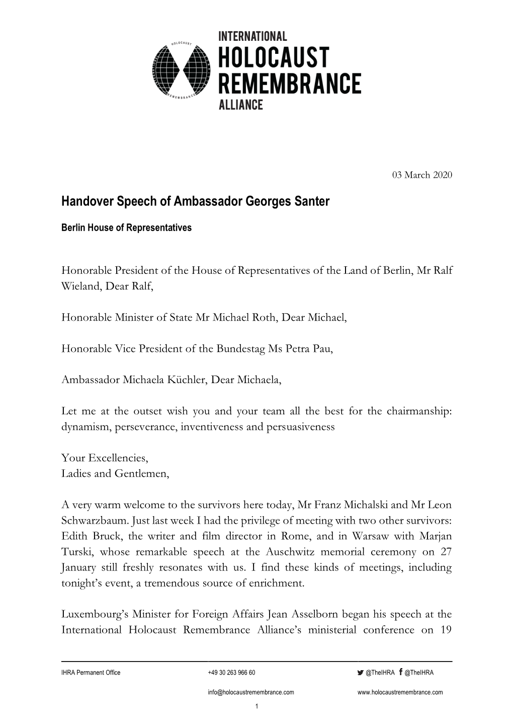 Handover Speech of Ambassador Georges Santer