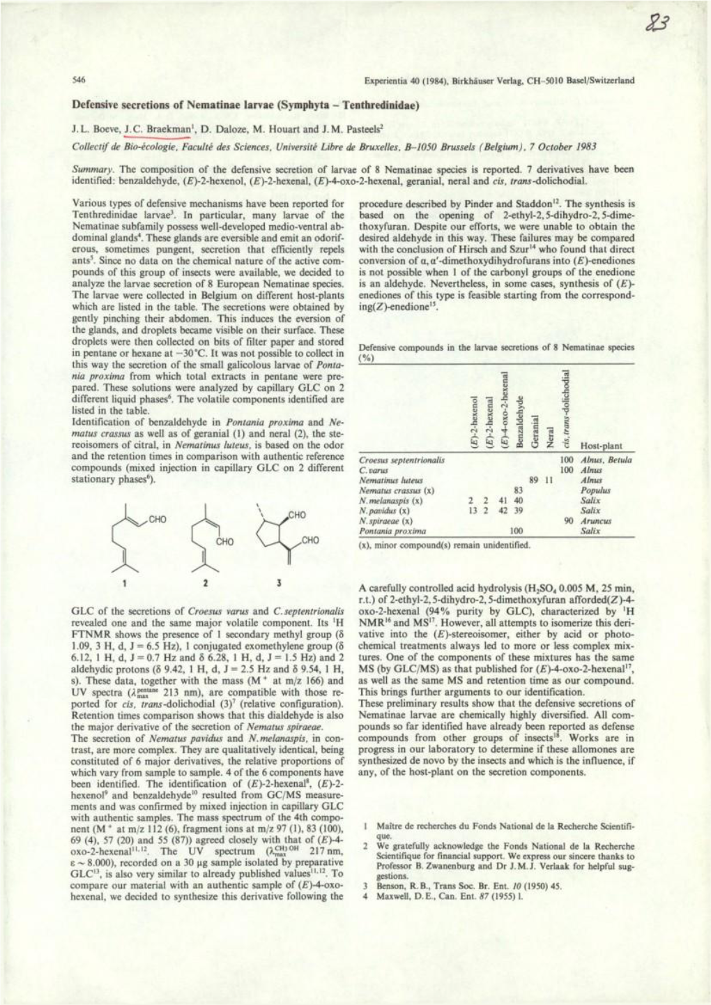 Défensive Sécrétions of Nematinae Larvae (Symphyta Tenthredinidae