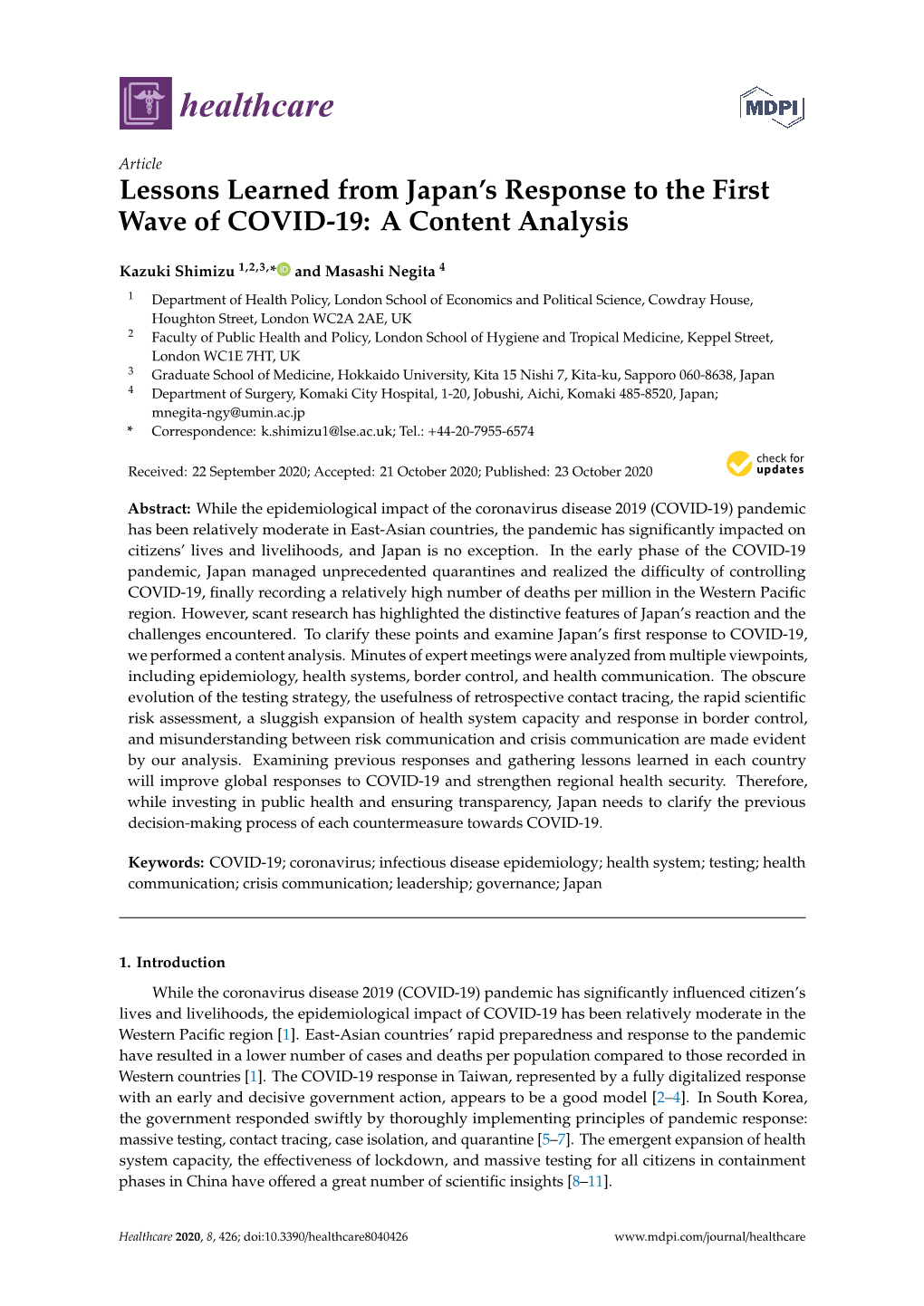 Lessons Learned from Japan's Response to the First Wave of COVID-19: a Content Analysis