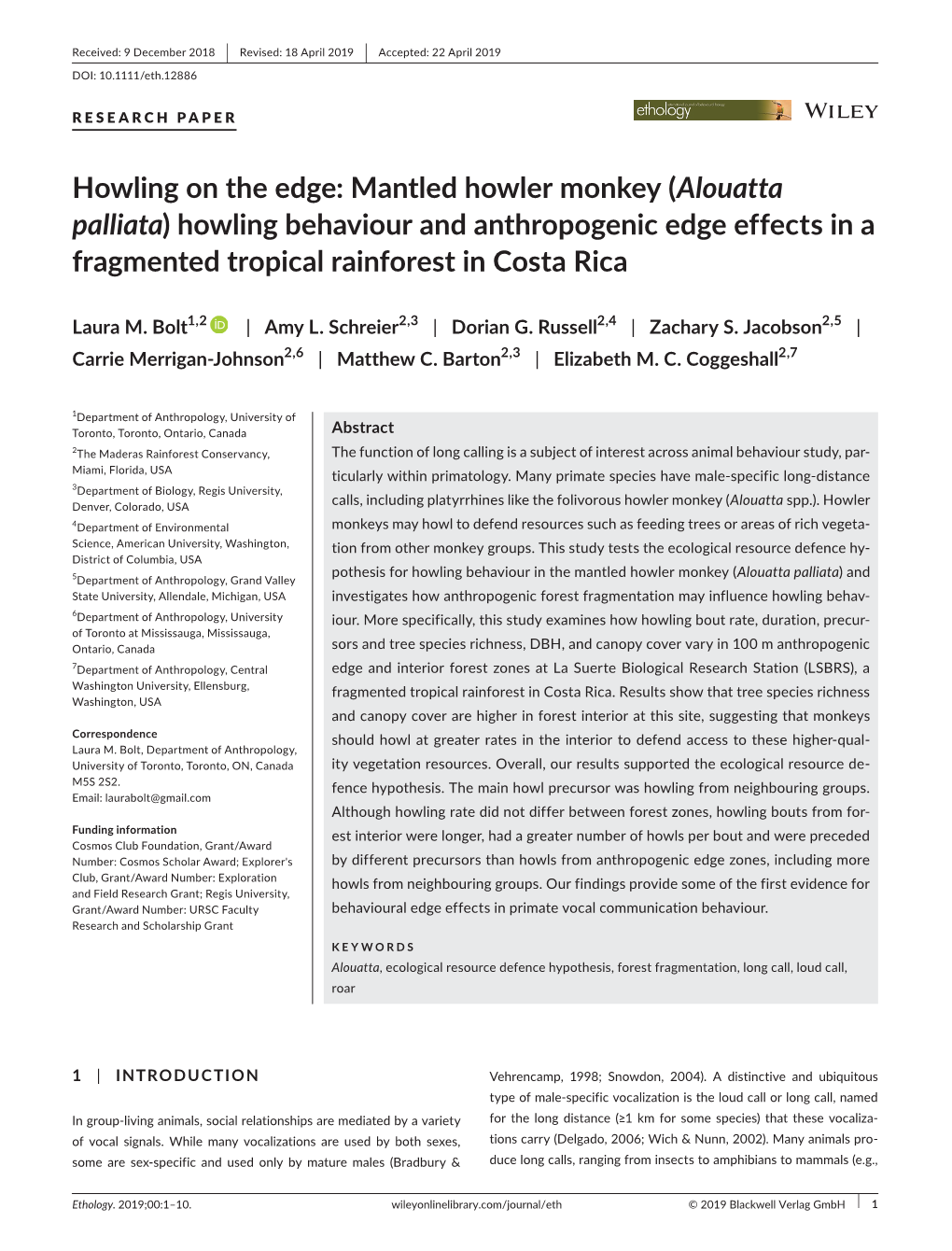 Howling on the Edge: Mantled Howler Monkey (Alouatta Palliata) Howling Behaviour and Anthropogenic Edge Effects in a Fragmented Tropical Rainforest in Costa Rica