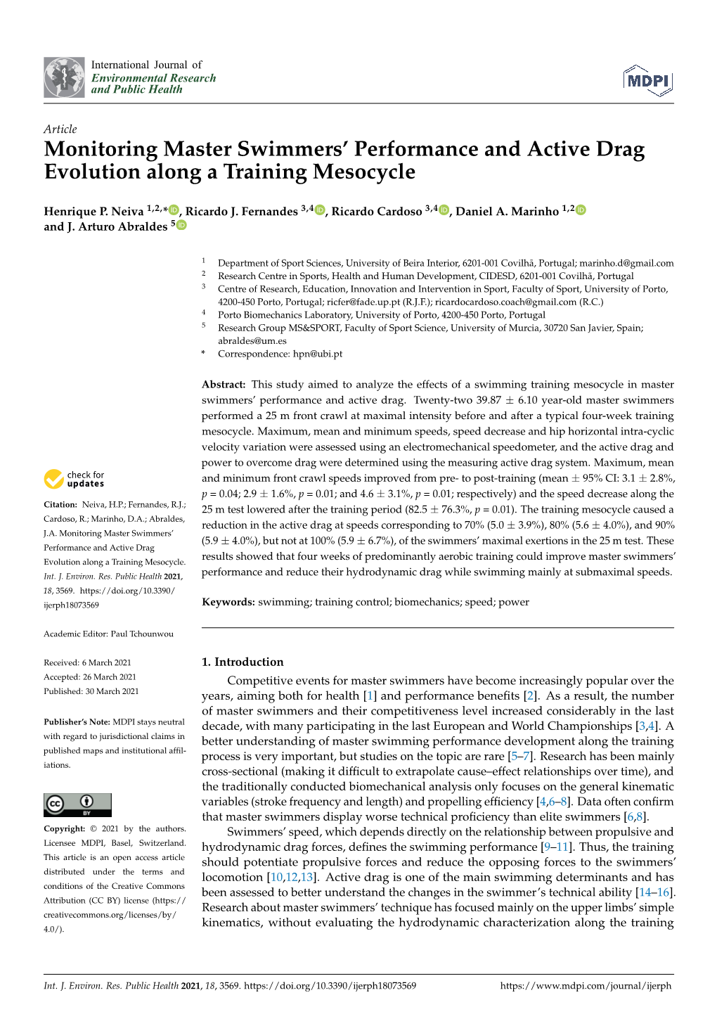Monitoring Master Swimmers' Performance and Active Drag