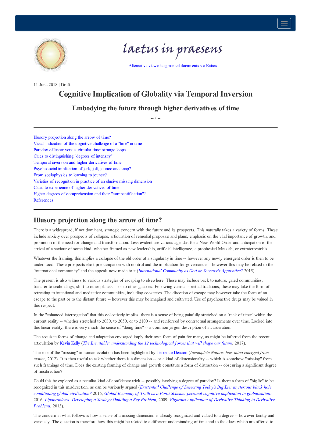 Cognitive Implication of Globality Via Temporal Inversion Embodying the Future Through Higher Derivatives of Time -- /