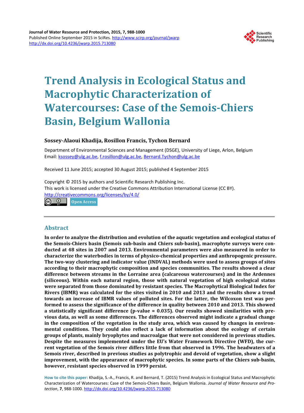 Trend Analysis in Ecological Status and Macrophytic Characterization of Watercourses: Case of the Semois-Chiers Basin, Belgium Wallonia