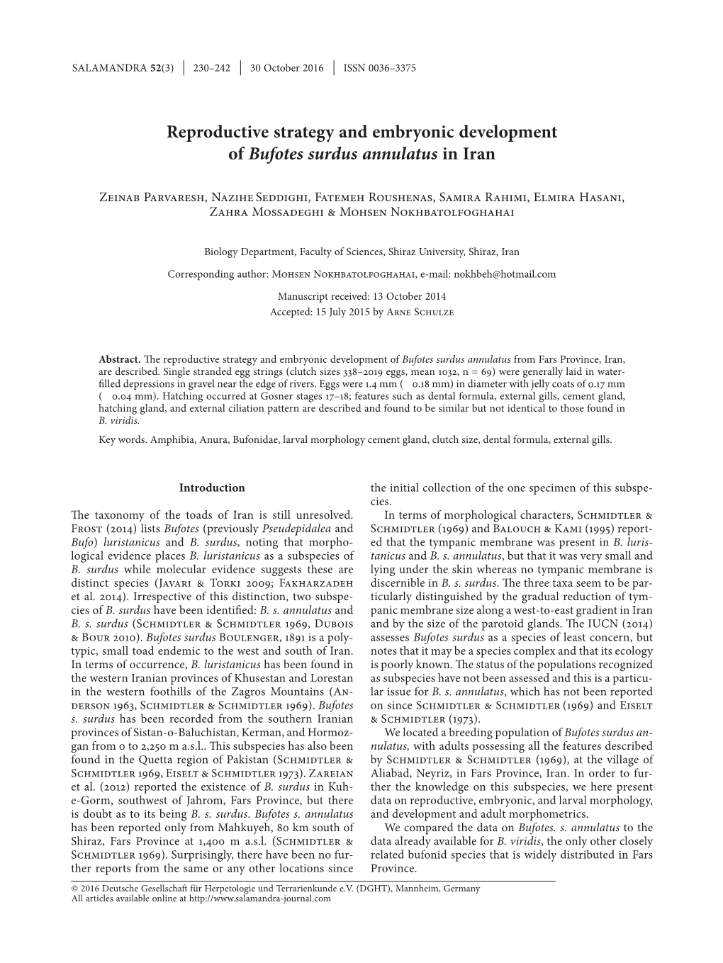 Reproductive Strategy and Embryonic Development of Bufotes Surdus Annulatus in Iran