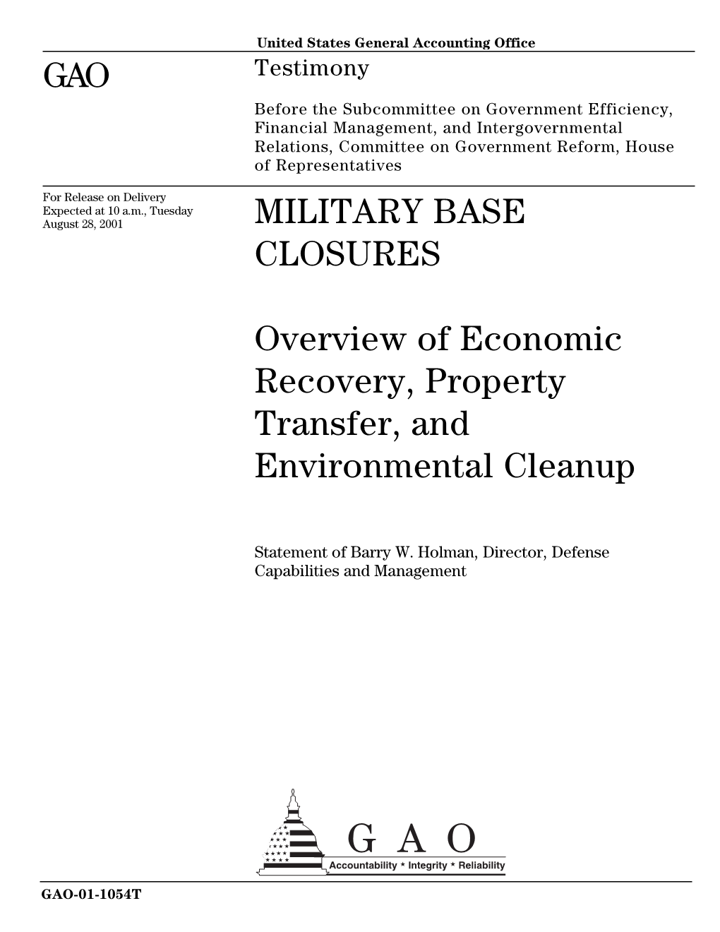 GAO-01-1054T Military Base Closures: Overview of Economic Recovery
