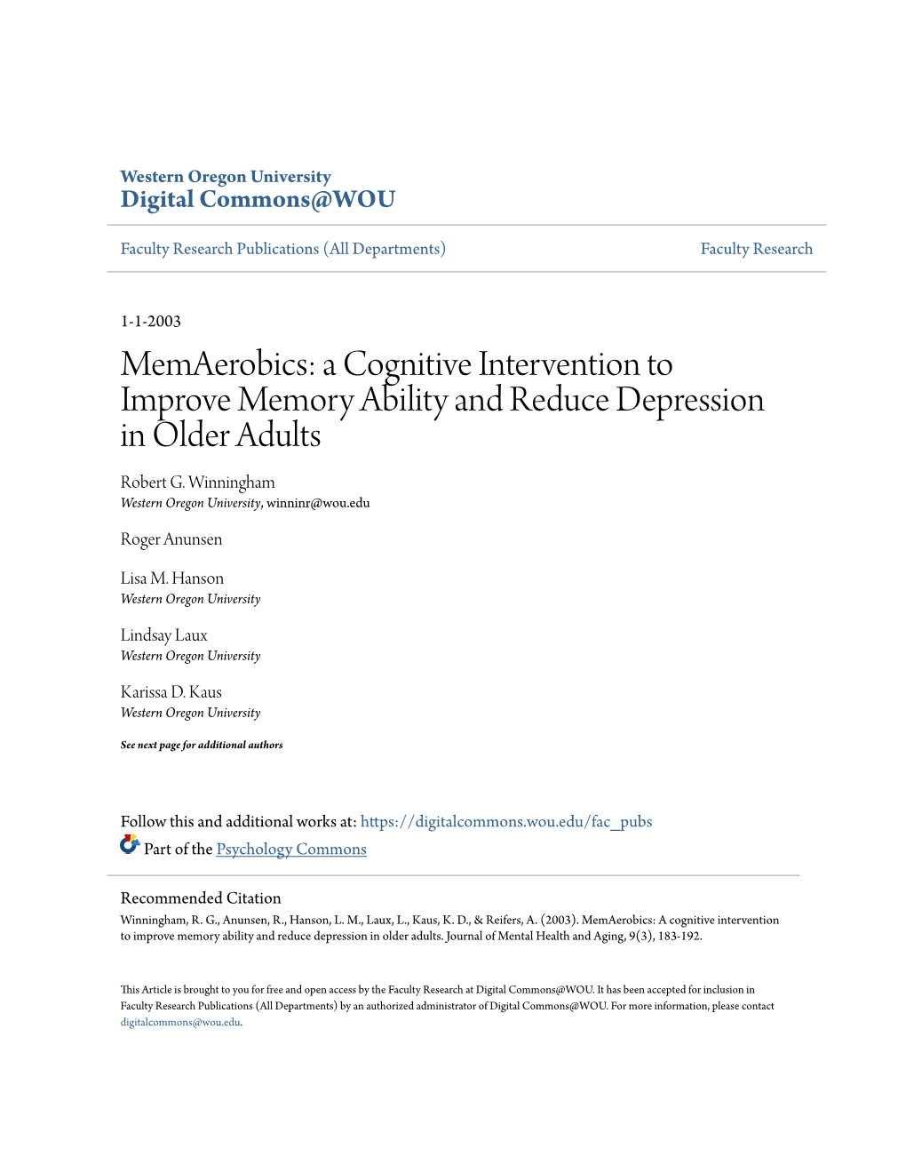 A Cognitive Intervention to Improve Memory Ability and Reduce Depression in Older Adults Robert G