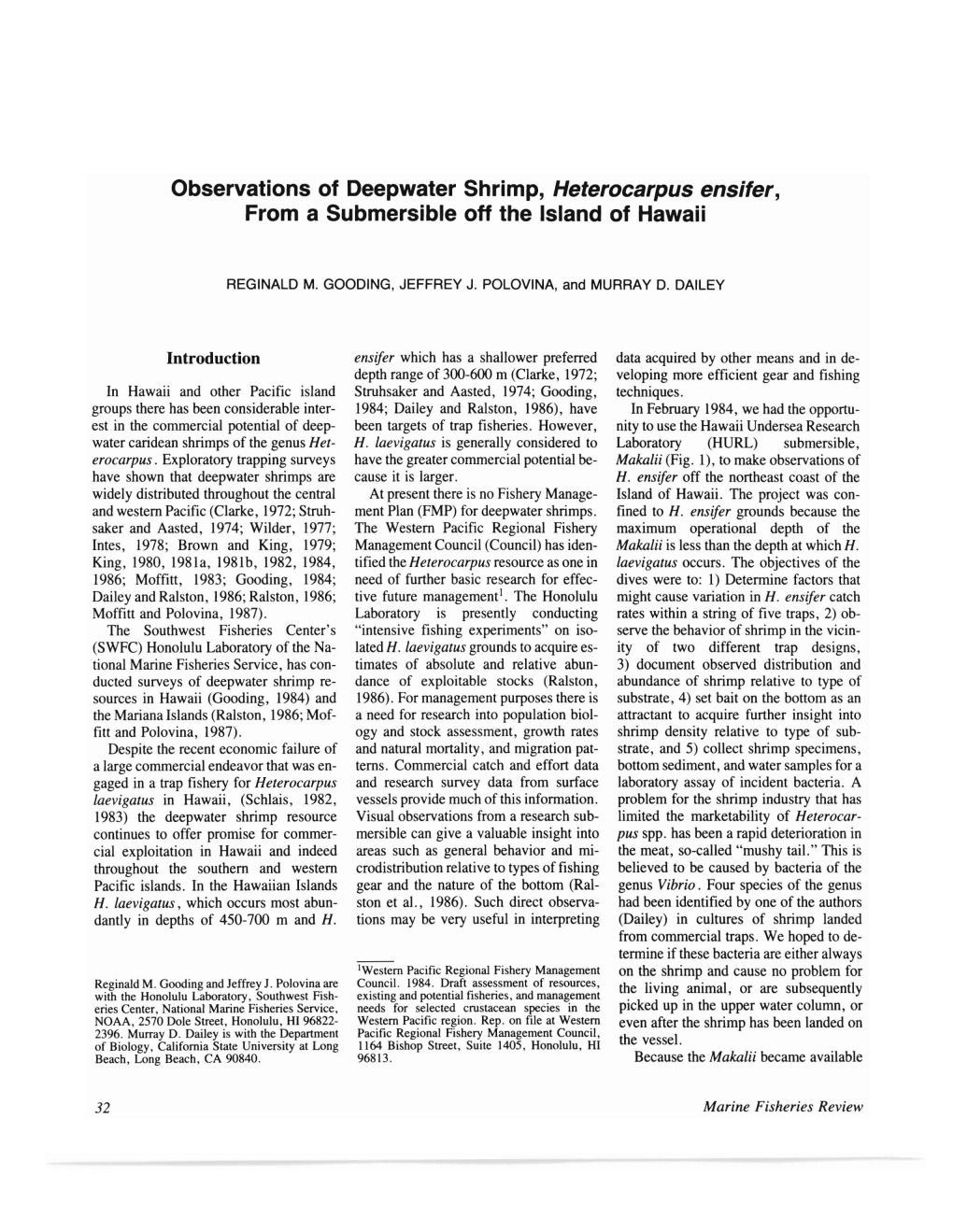 Observations of Deepwater Shrimp, Heterocarpus Ensifer, from a Submersible Off the Island of Hawaii