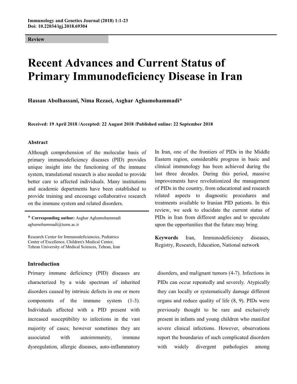Recent Advances and Current Status of Primary Immunodeficiency Disease in Iran