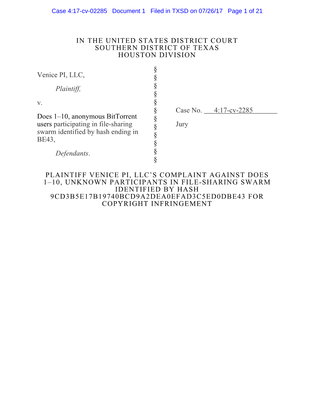 Case No. 4:17-Cv-02285