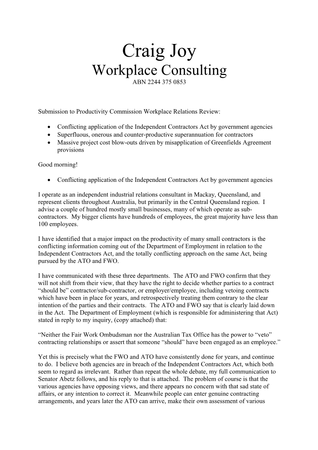 Submission 49 - Craig Joy Consulting - Workplace Relations Framework - Public Inquiry