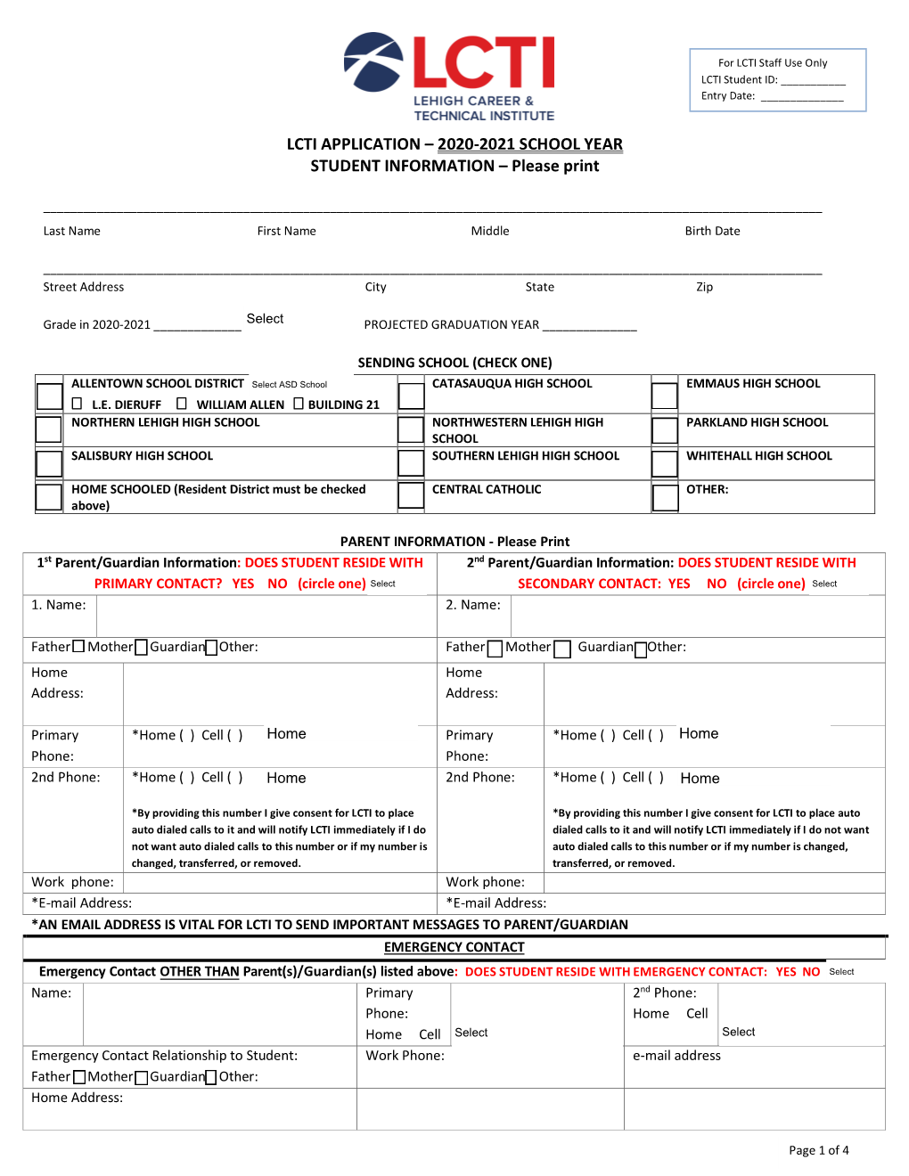 LCTI APPLICATION – 2020-2021 SCHOOL YEAR STUDENT INFORMATION – Please Print