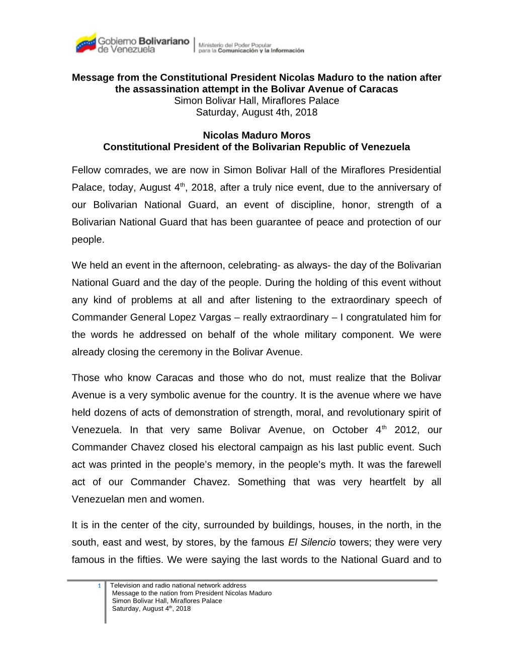 Message from the Constitutional President Nicolas Maduro