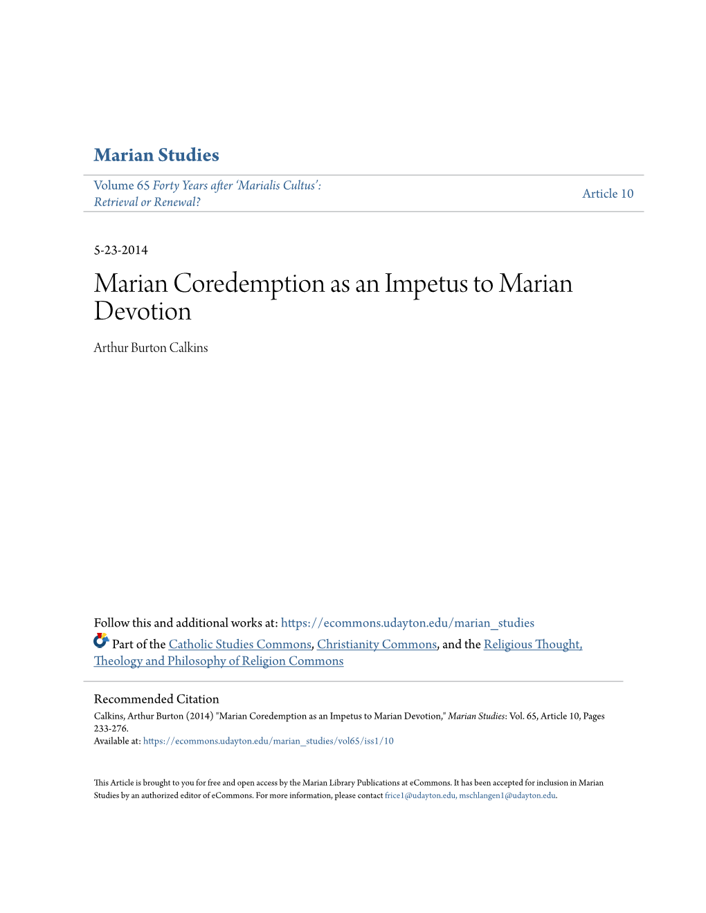 Marian Coredemption As an Impetus to Marian Devotion Arthur Burton Calkins