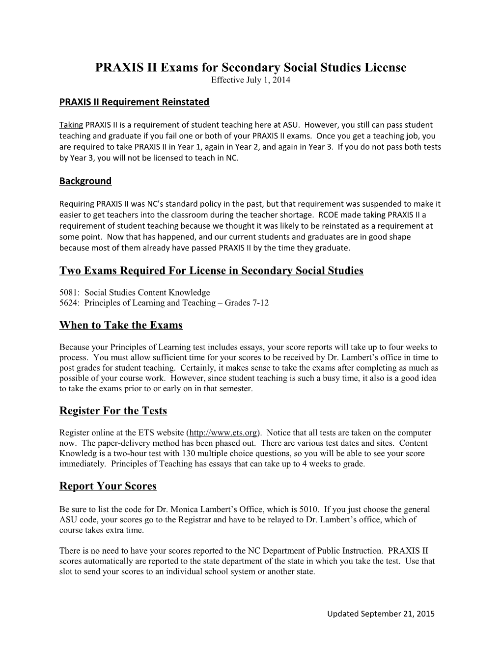 PRAXIS II Exams for Secondary Social Studies License