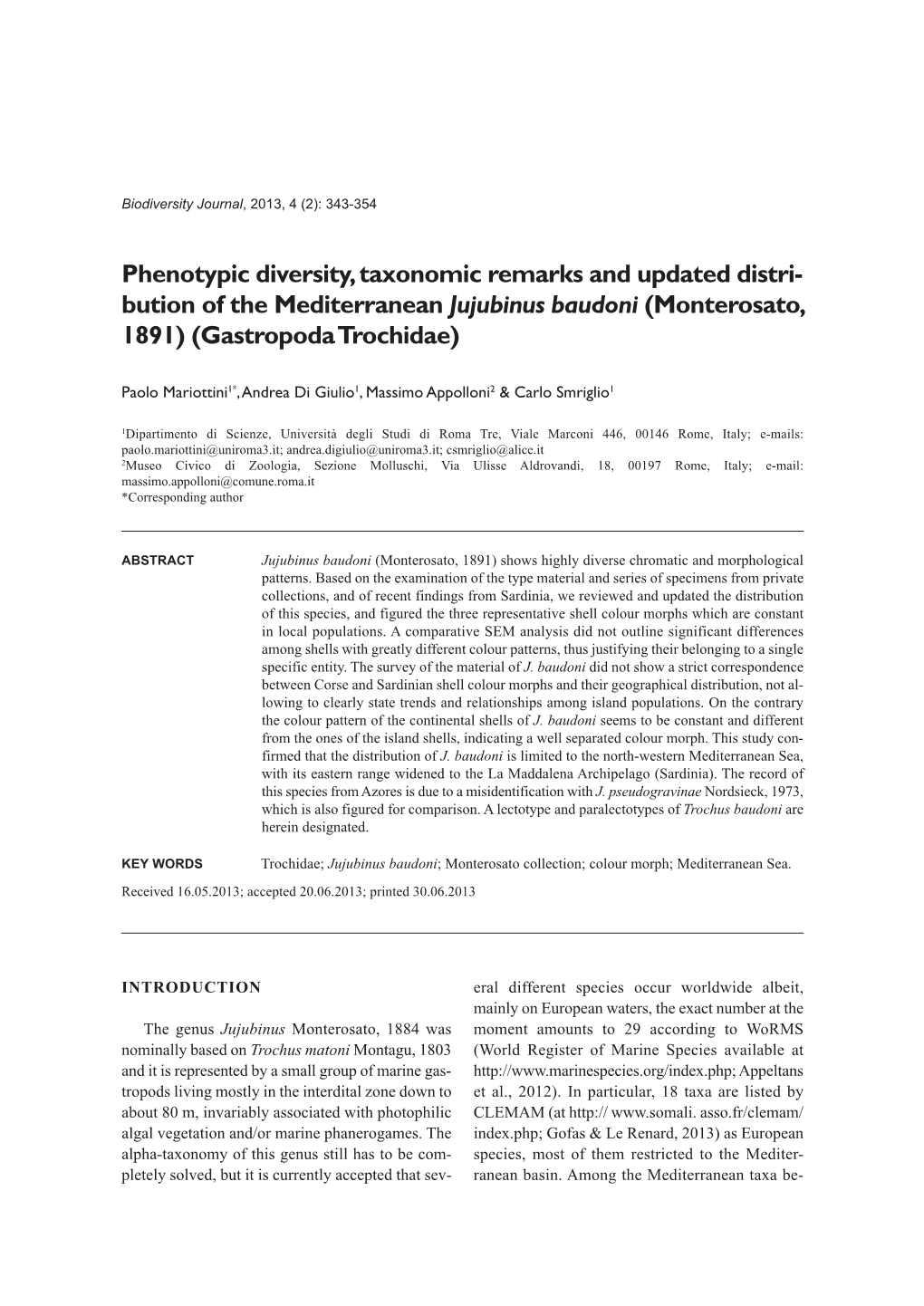 Phenotypic Diversity, Taxonomic Remarks and Updated Distri- Bution of the Mediterranean Jujubinus Baudoni (Monterosato, 1891) (Gastropoda Trochidae)