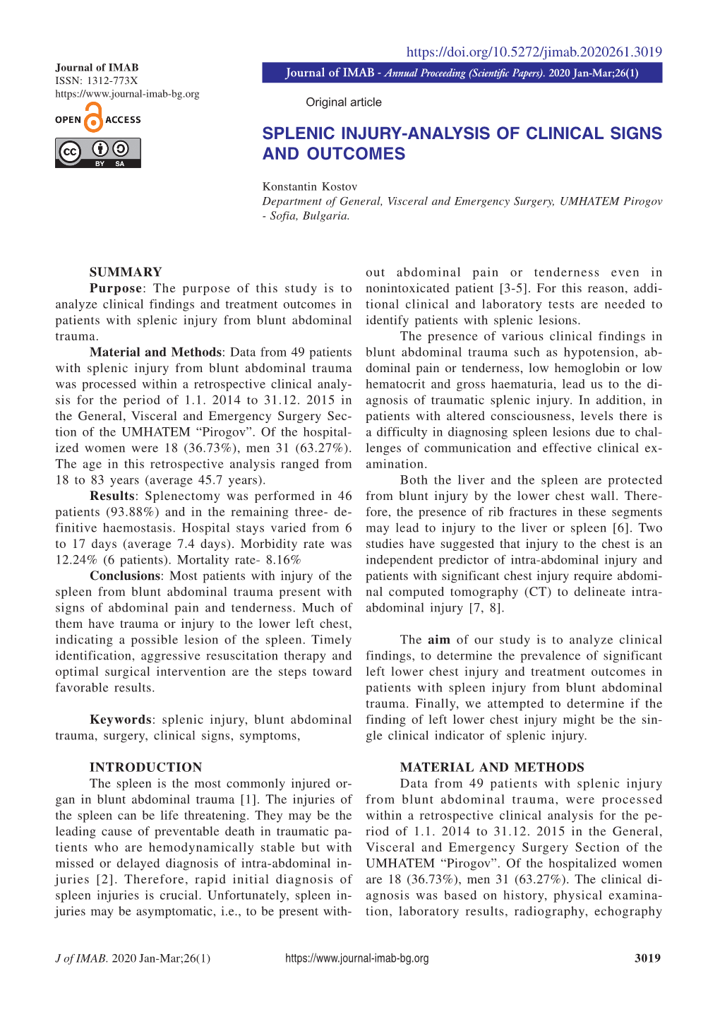 Splenic Injury-Analysis of Clinical Signs and Outcomes