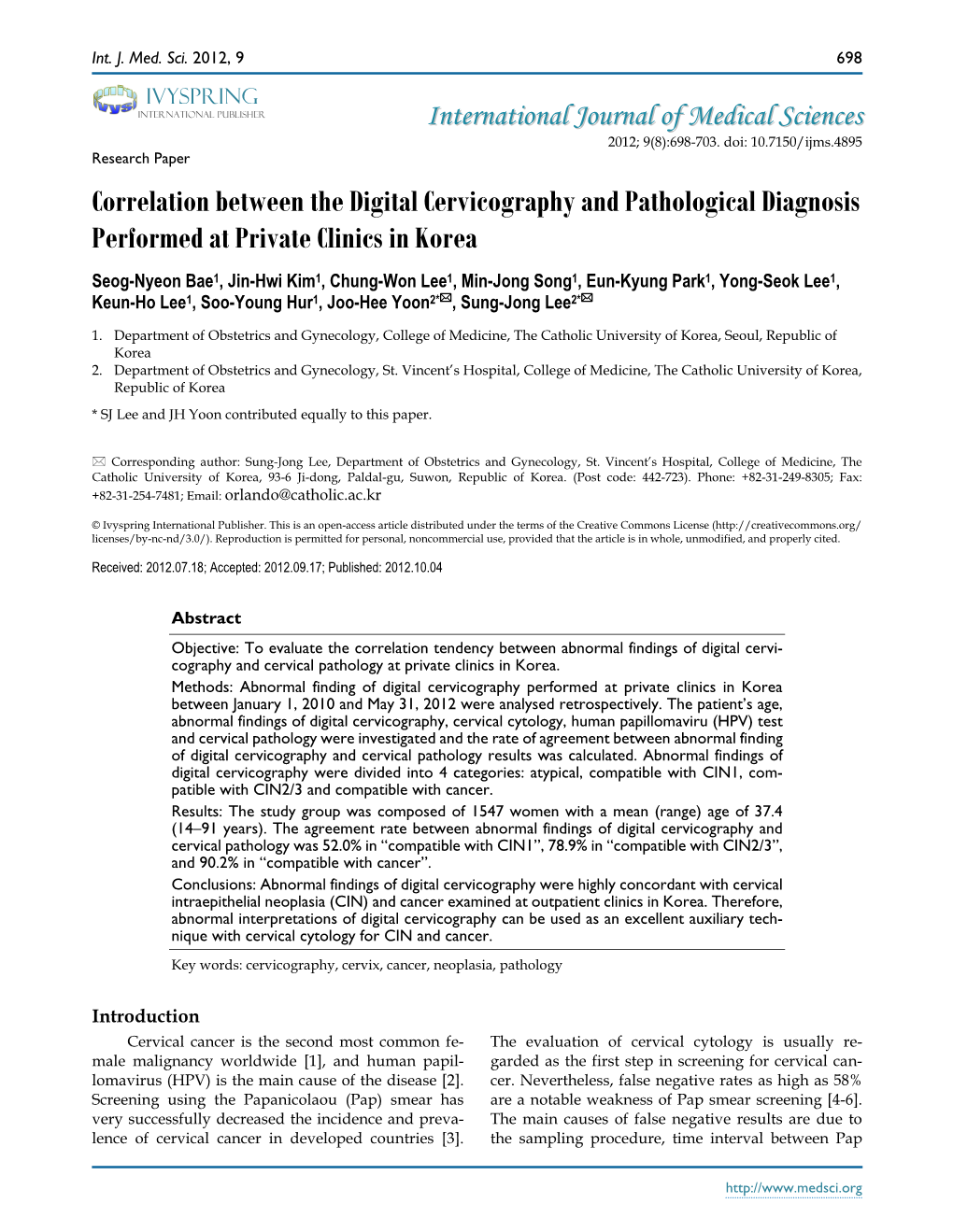 Correlation Between the Digital Cervicography and Pathological Diagnosis Performed at Private Clinics in Korea