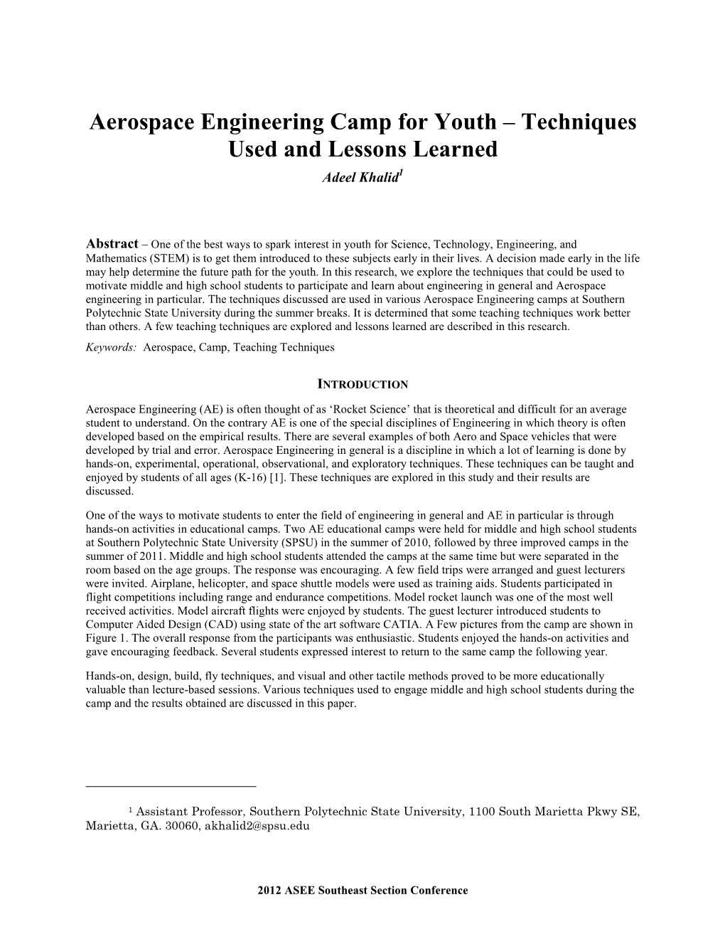 Aerospace Engineering Camp for Youth – Techniques Used and Lessons Learned Adeel Khalid 1