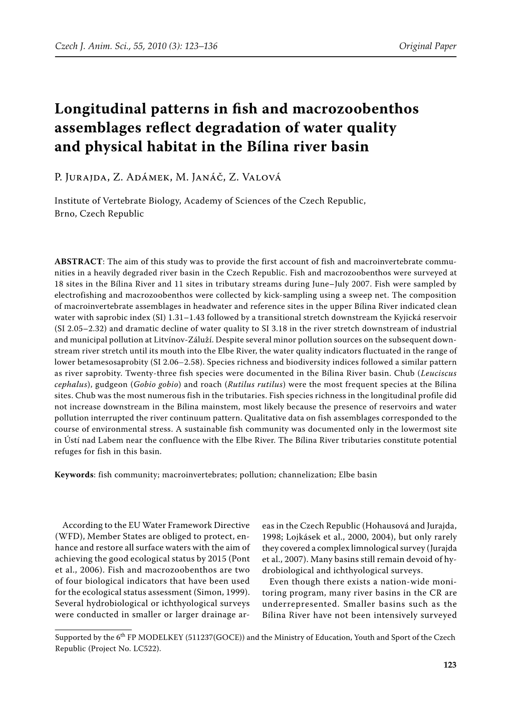 Longitudinal Patterns in Fish and Macrozoobenthos Assemblages Reflect Degradation of Water Quality and Physical Habitat in the Bílina River Basin