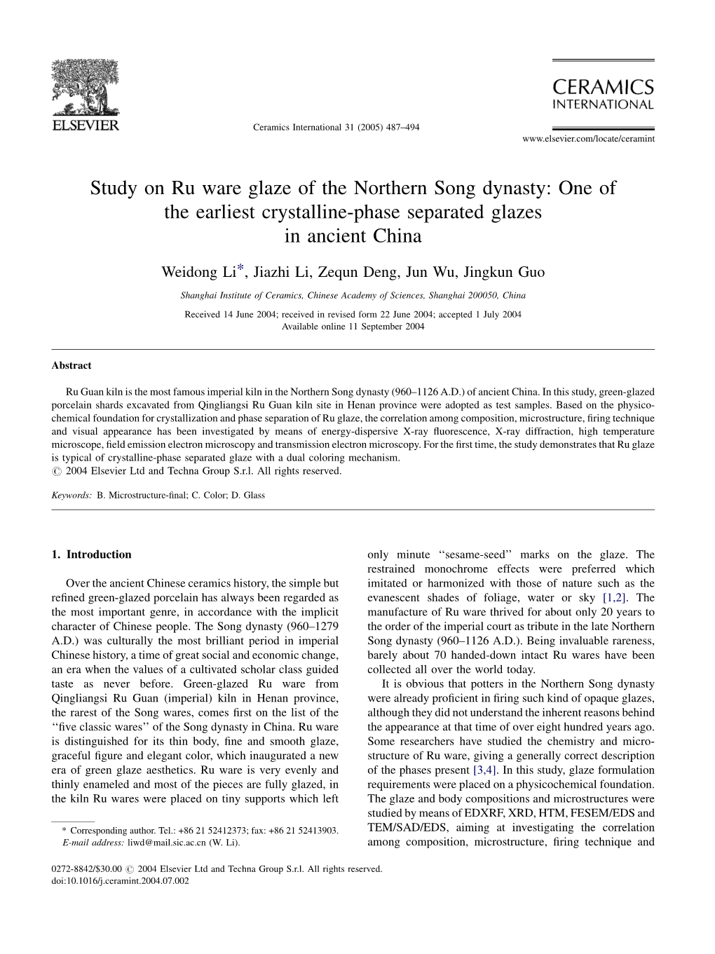 Study on Ru Ware Glaze of the Northern Song Dynasty: One of the Earliest Crystalline-Phase Separated Glazes in Ancient China