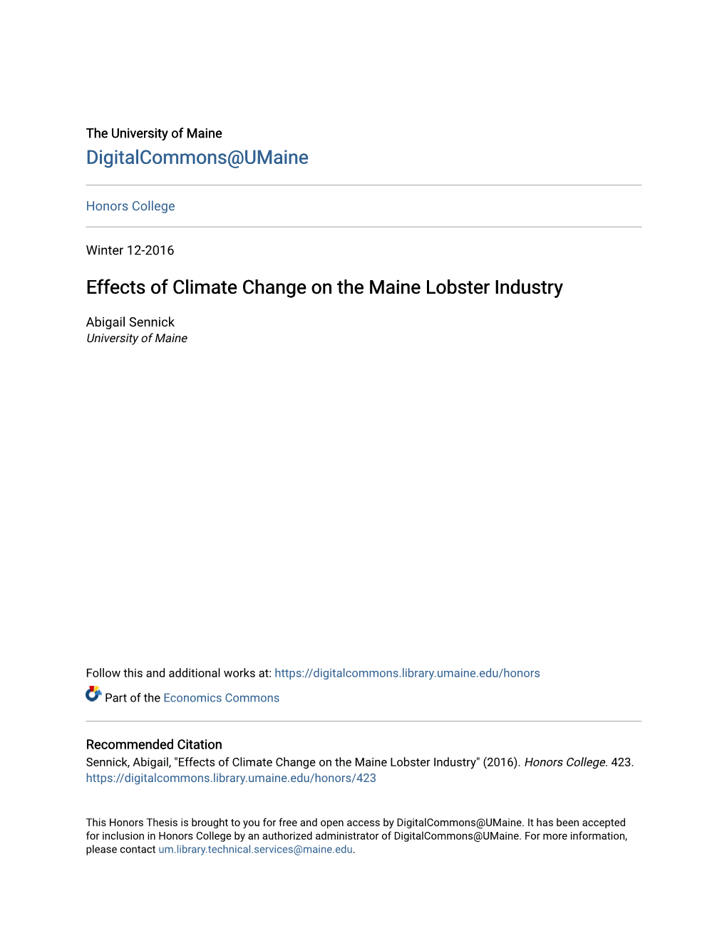 Effects of Climate Change on the Maine Lobster Industry