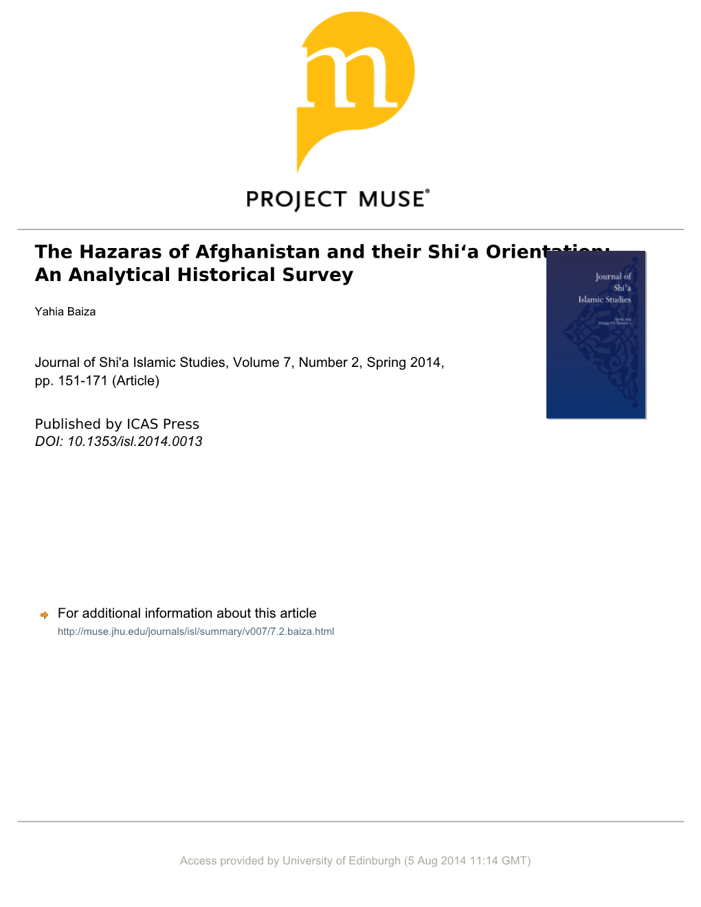 The Hazaras of Afghanistan and Their Shiʻa Orientation: an Analytical