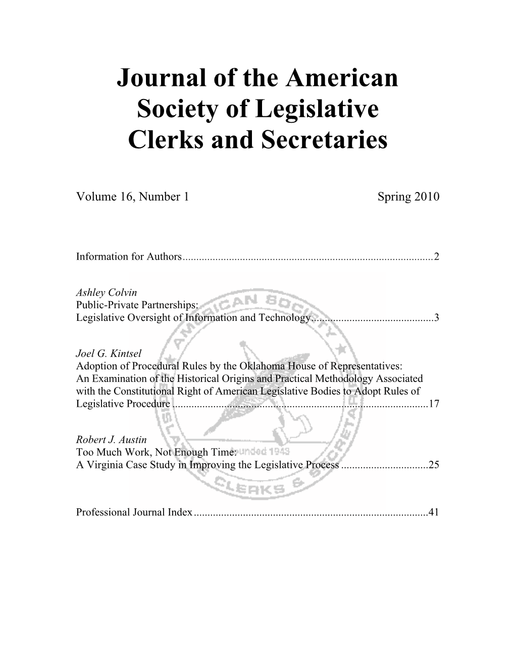 Journal of the American Society of Legislative Clerks and Secretaries