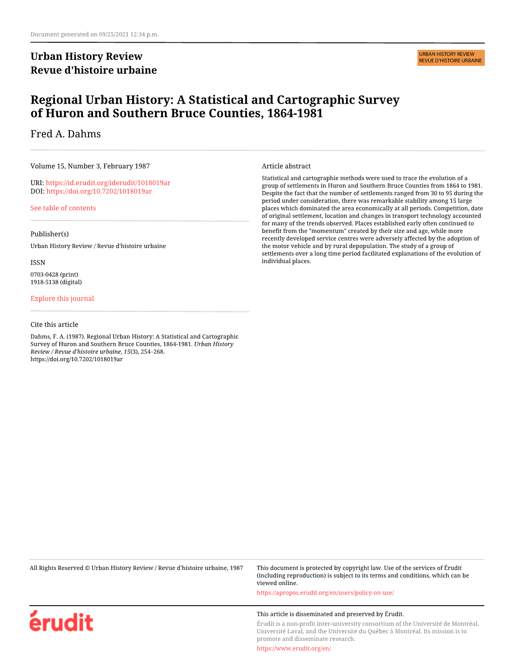 Regional Urban History: a Statistical and Cartographic Survey of Huron and Southern Bruce Counties, 1864-1981 Fred A