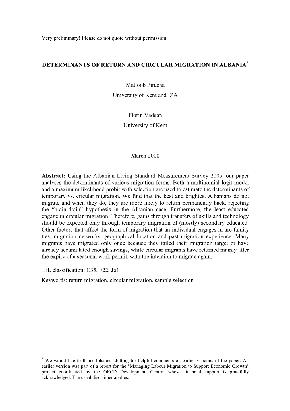Determinants of Return and Circular Migration in Albania *