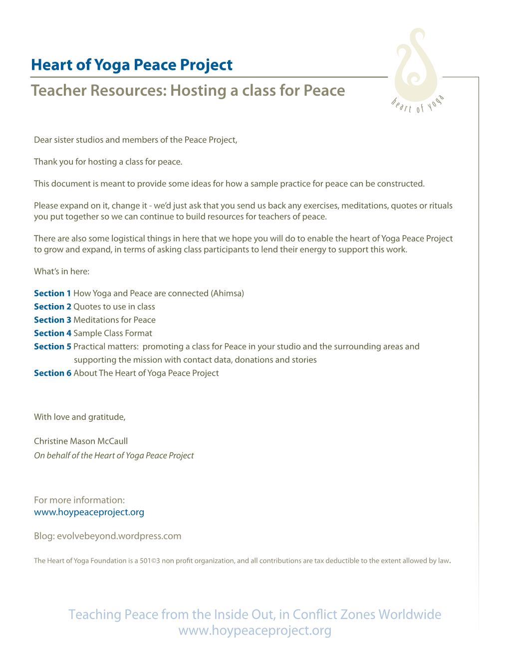 Heart of Yoga Peace Project Teacher Resources: Hosting a Class for Peace