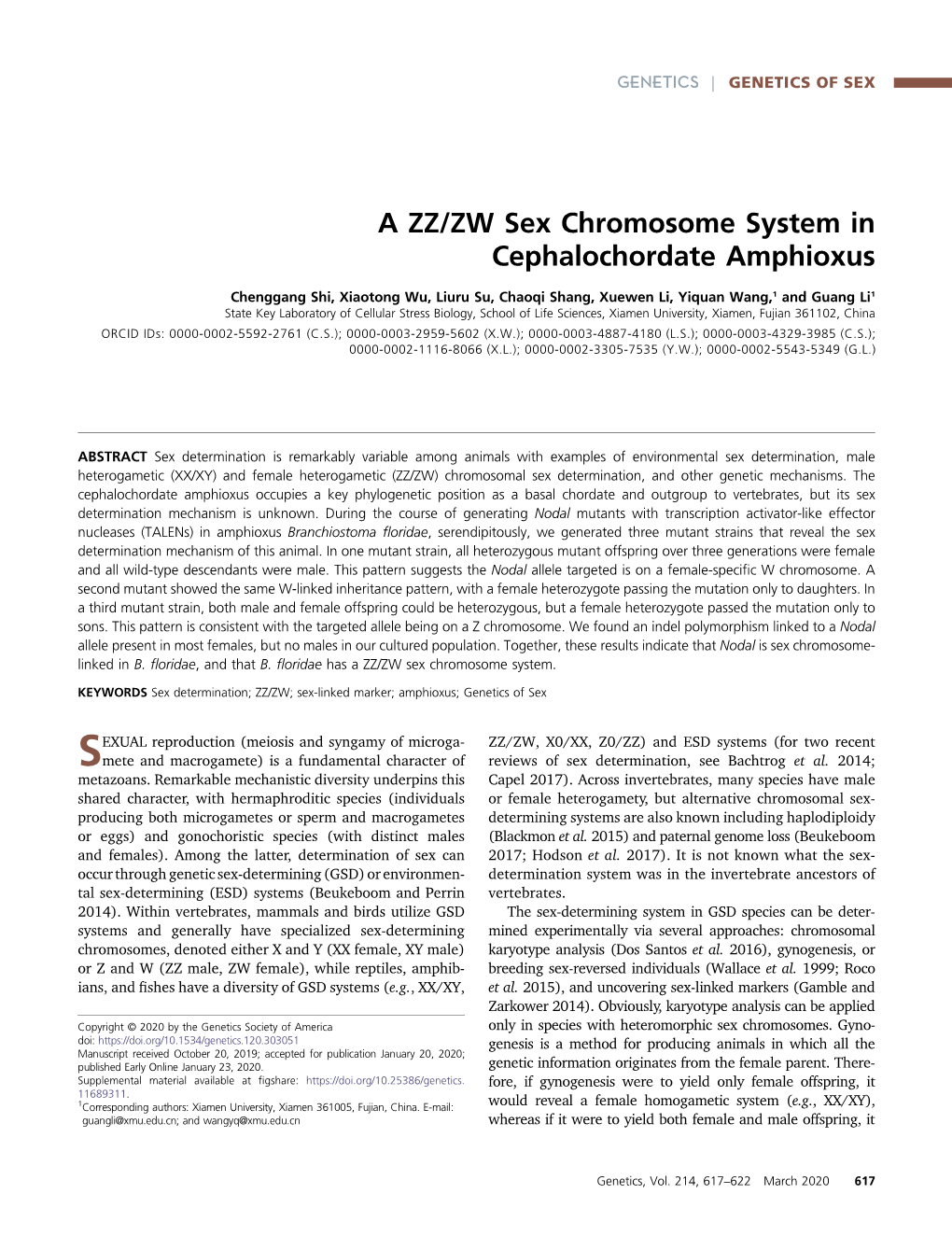 A ZZ/ZW Sex Chromosome System in Cephalochordate Amphioxus