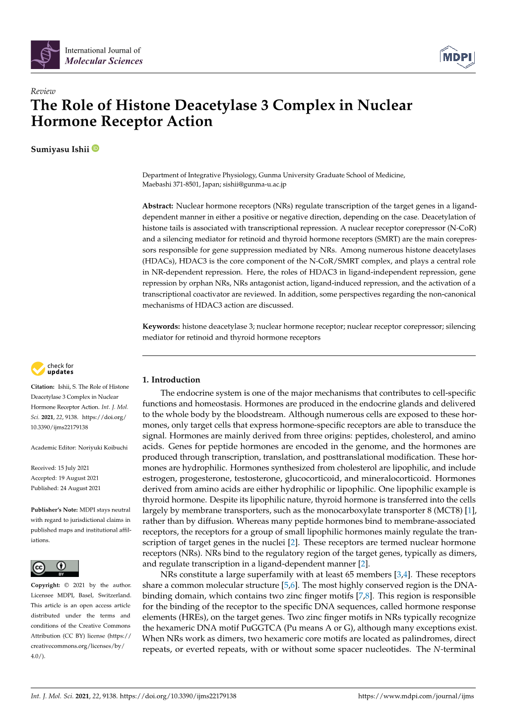 The Role of Histone Deacetylase 3 Complex in Nuclear Hormone Receptor Action