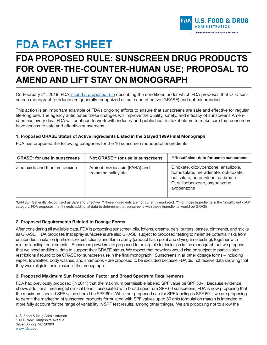 Fda Fact Sheet Fda Proposed Rule: Sunscreen Drug Products for Over-The-Counter-Human Use; Proposal to Amend and Lift Stay on Monograph