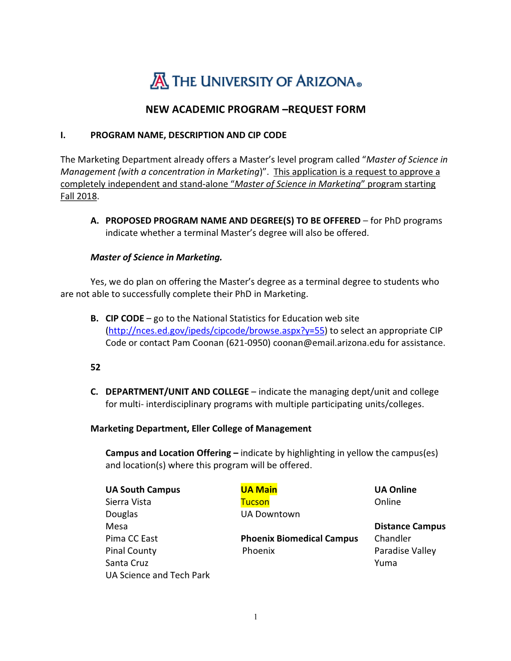 New Academic Program –Request Form