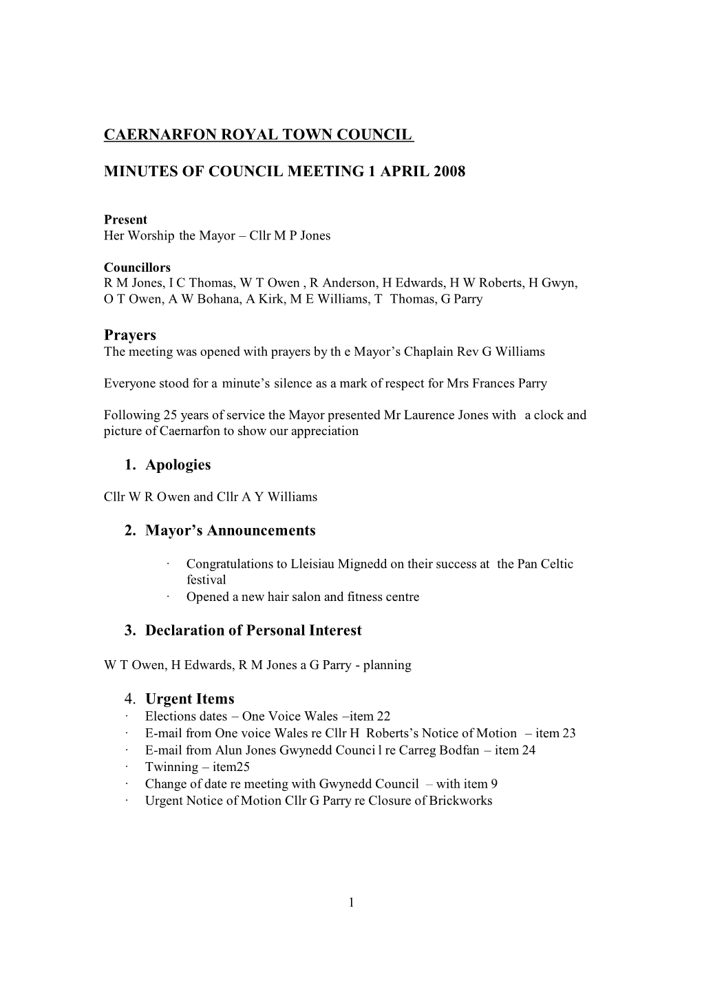 Caernarfon Royal Town Council Minutes of Council