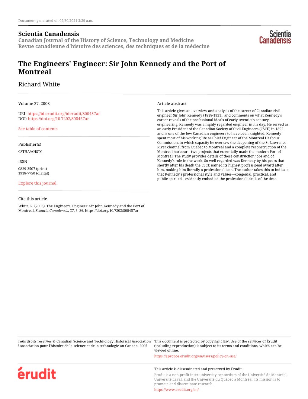 The Engineers' Engineer: Sir John Kennedy and the Port of Montreal Richard White