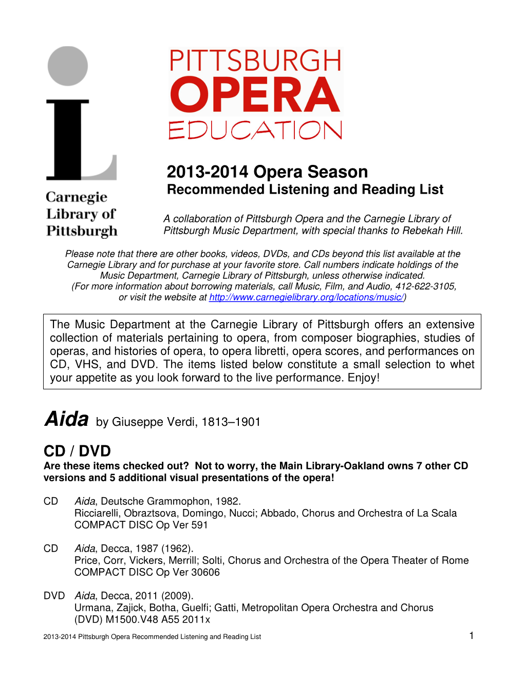 2013-2014 Opera Season Recommended Listening and Reading List