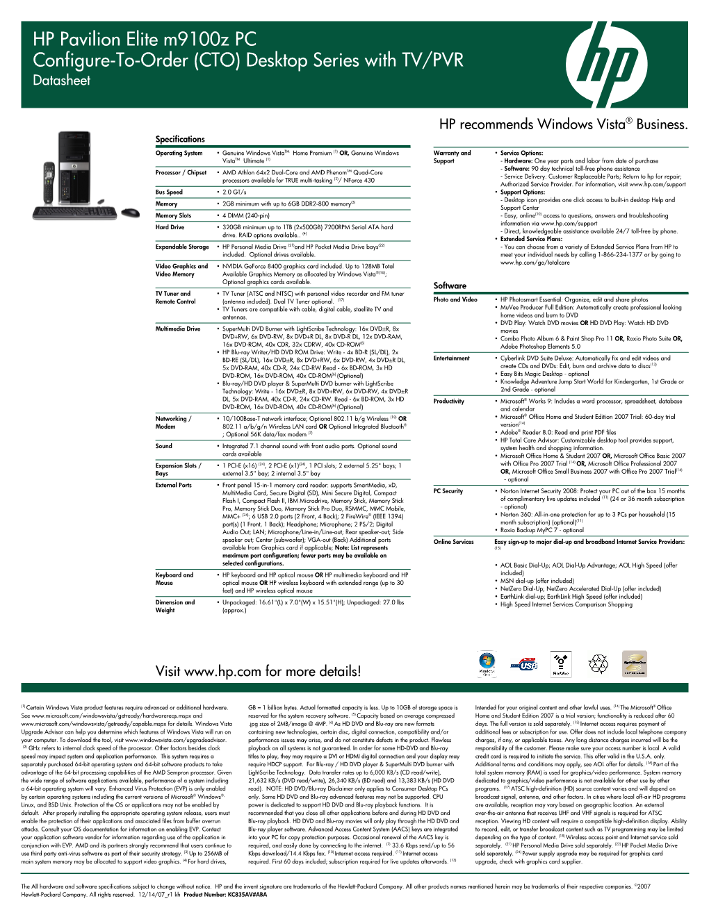 HP Pavilion Elite M9100z PC Configure-To-Order (CTO) Desktop Series with TV/PVR Datasheet