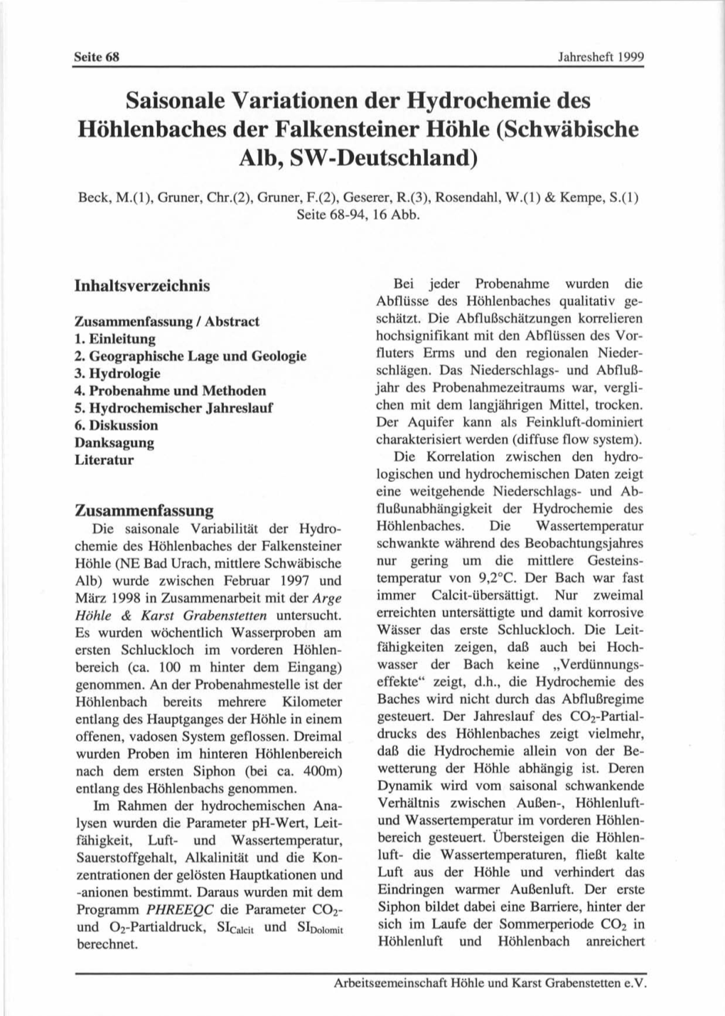 Saisonale Variationen Der Hydrochemie Des Höhlenbaches Der Falkensteiner Höhle (Schwäbische Alb, SW-Deutschland)