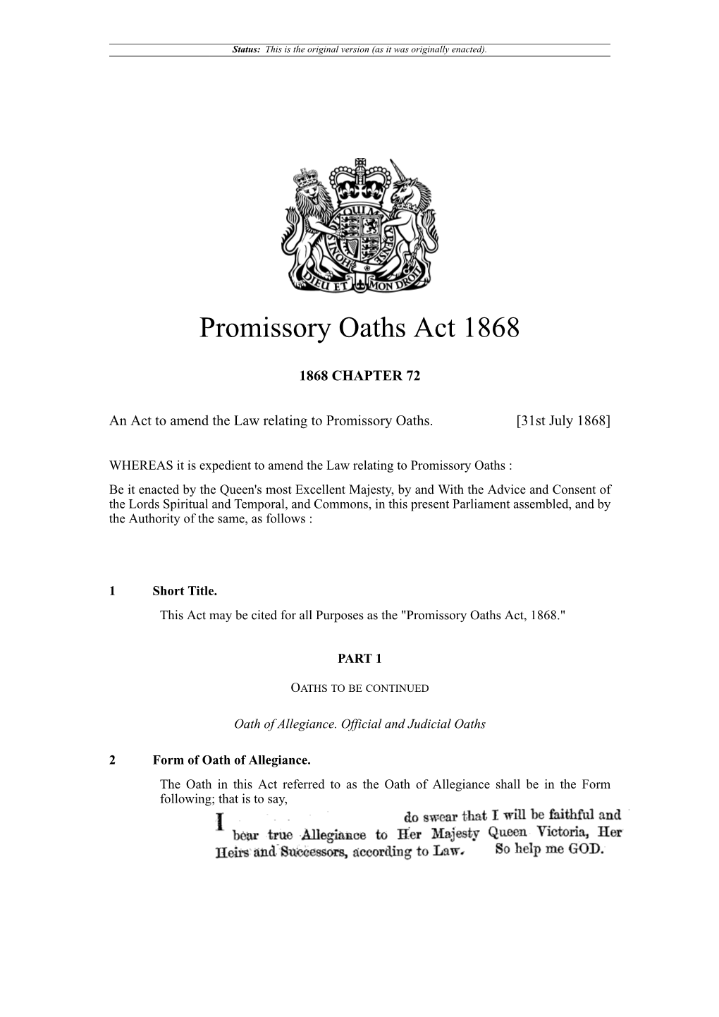 Promissory Oaths Act 1868