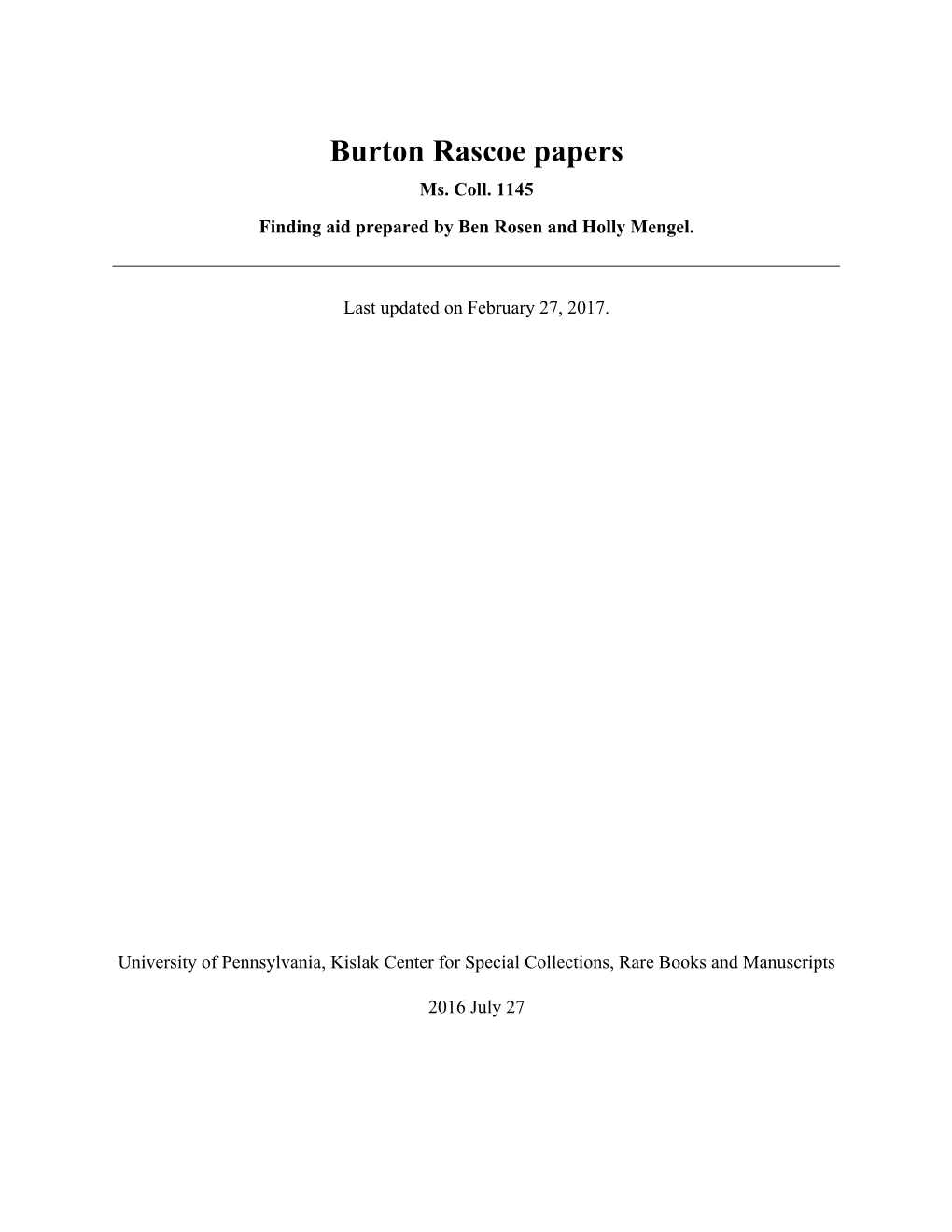 Burton Rascoe Papers Ms