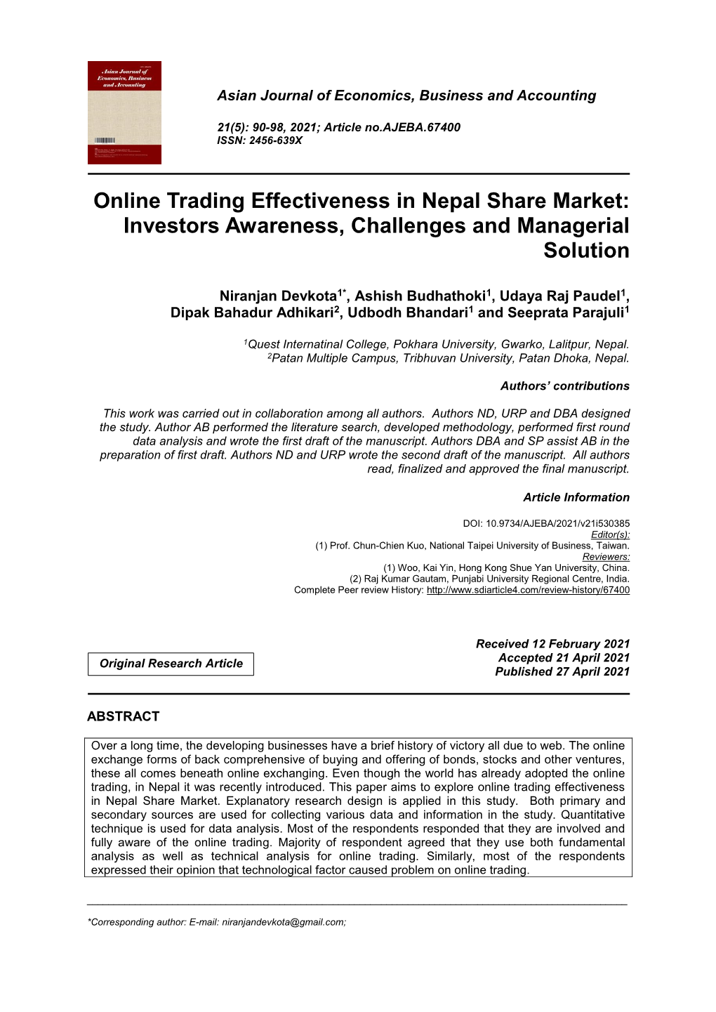 Online Trading Effectiveness in Nepal Share Market: Investors Awareness, Challenges and Managerial Solution