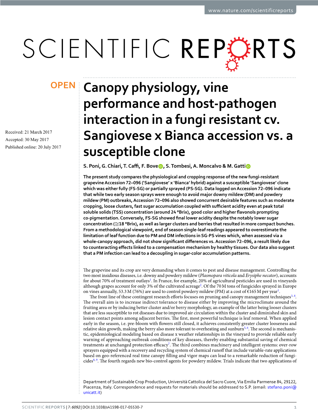 Canopy Physiology, Vine Performance and Host-Pathogen Interaction in a Fungi Resistant Cv