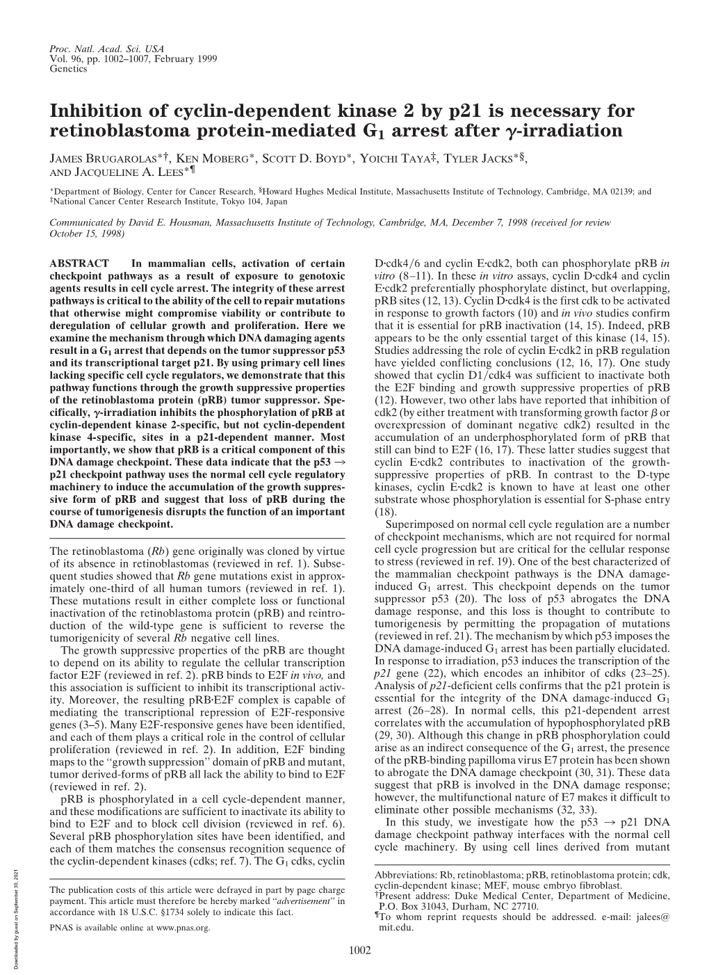 Inhibition of Cyclin-Dependent Kinase 2 by P21 Is Necessary for Retinoblastoma Protein-Mediated G1 Arrest After ␥-Irradiation