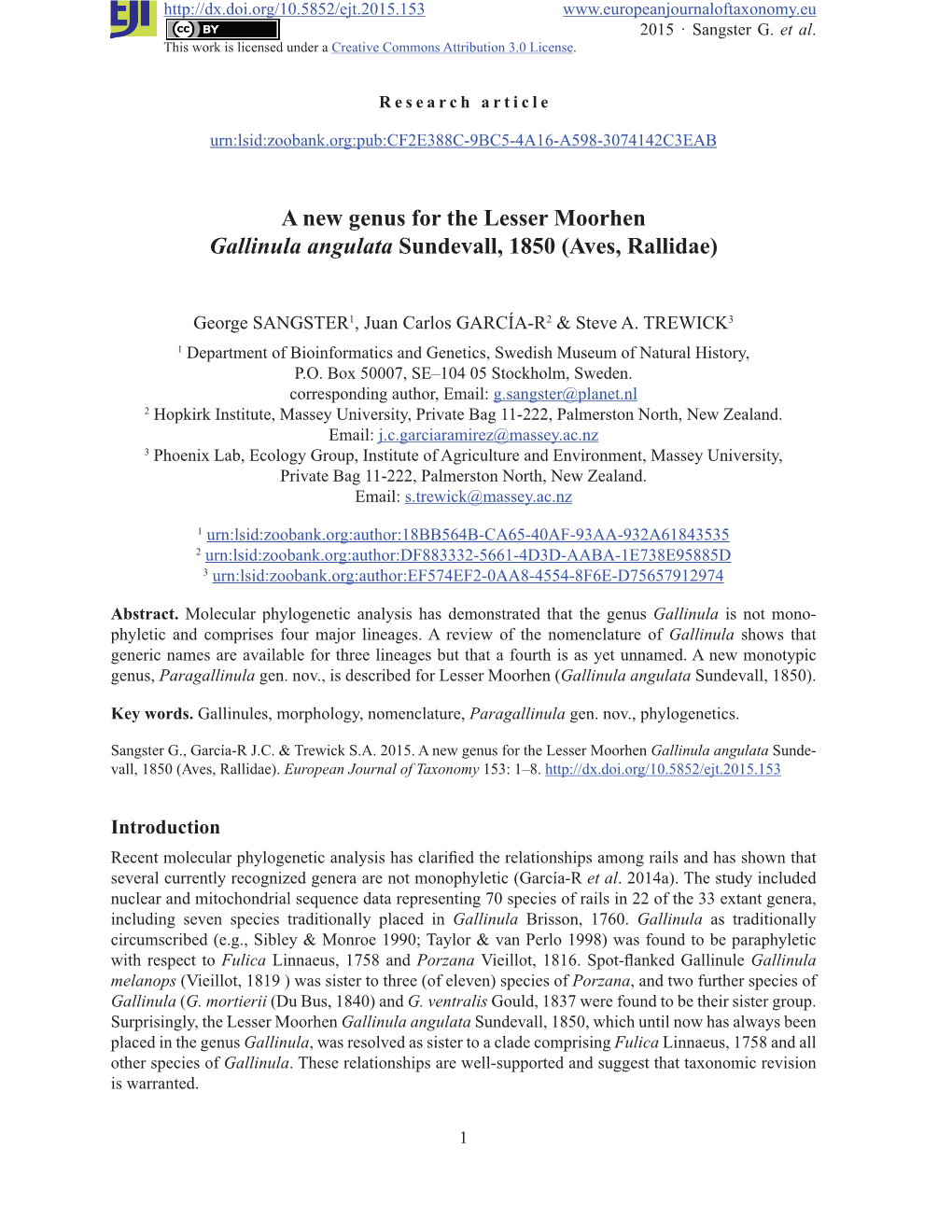 A New Genus for the Lesser Moorhen Gallinula Angulata Sundevall, 1850 (Aves, Rallidae)