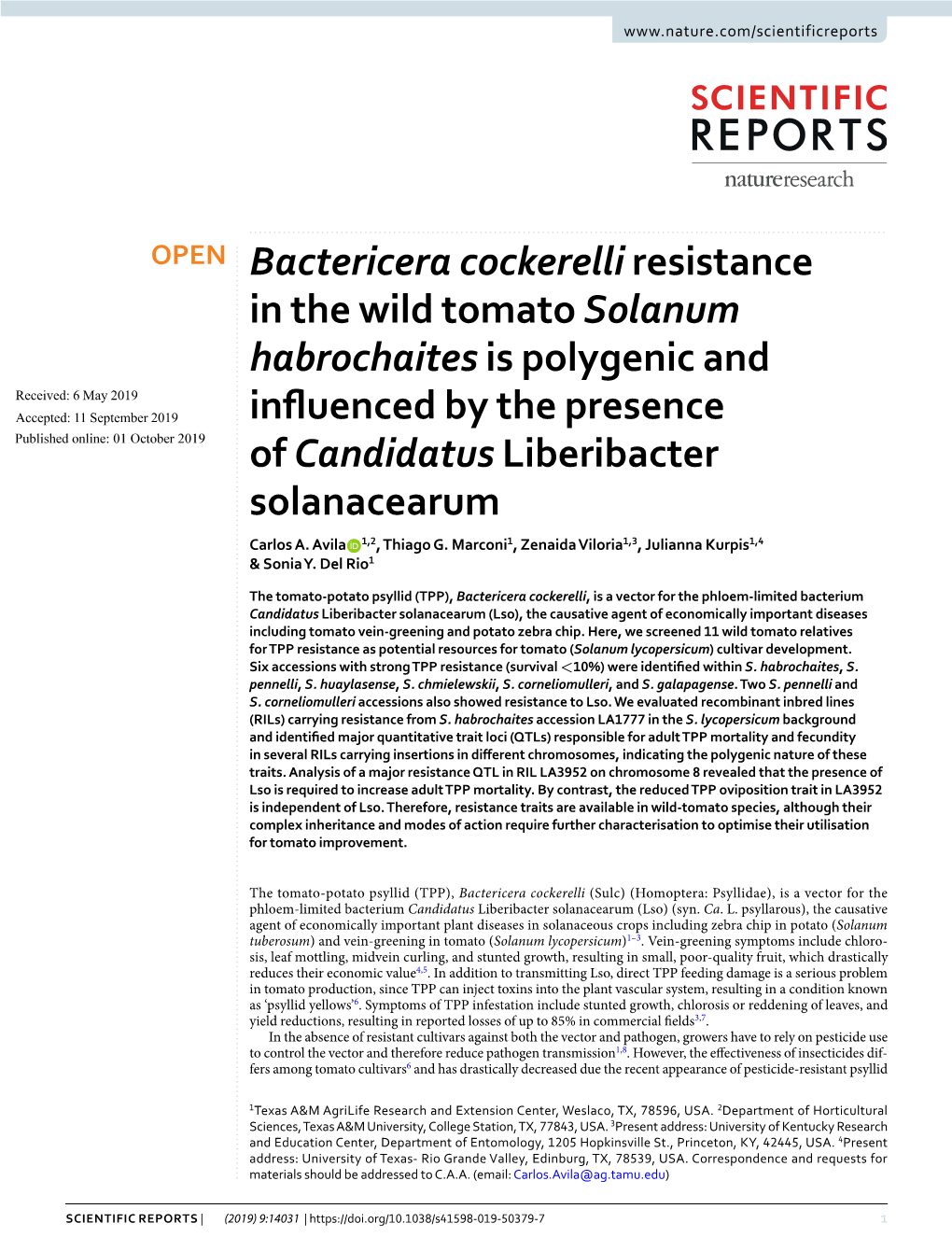 Bactericera Cockerelli Resistance in the Wild Tomato Solanum Habrochaites